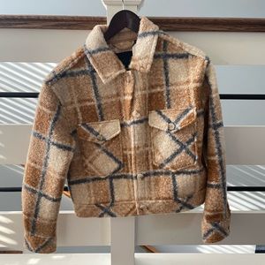Plaid cropped jacket—camel/blue